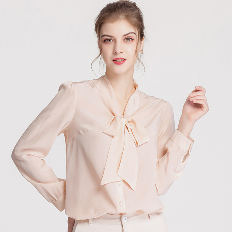Beige Womens Silk Blouse Bow And Ribbon Blouse
