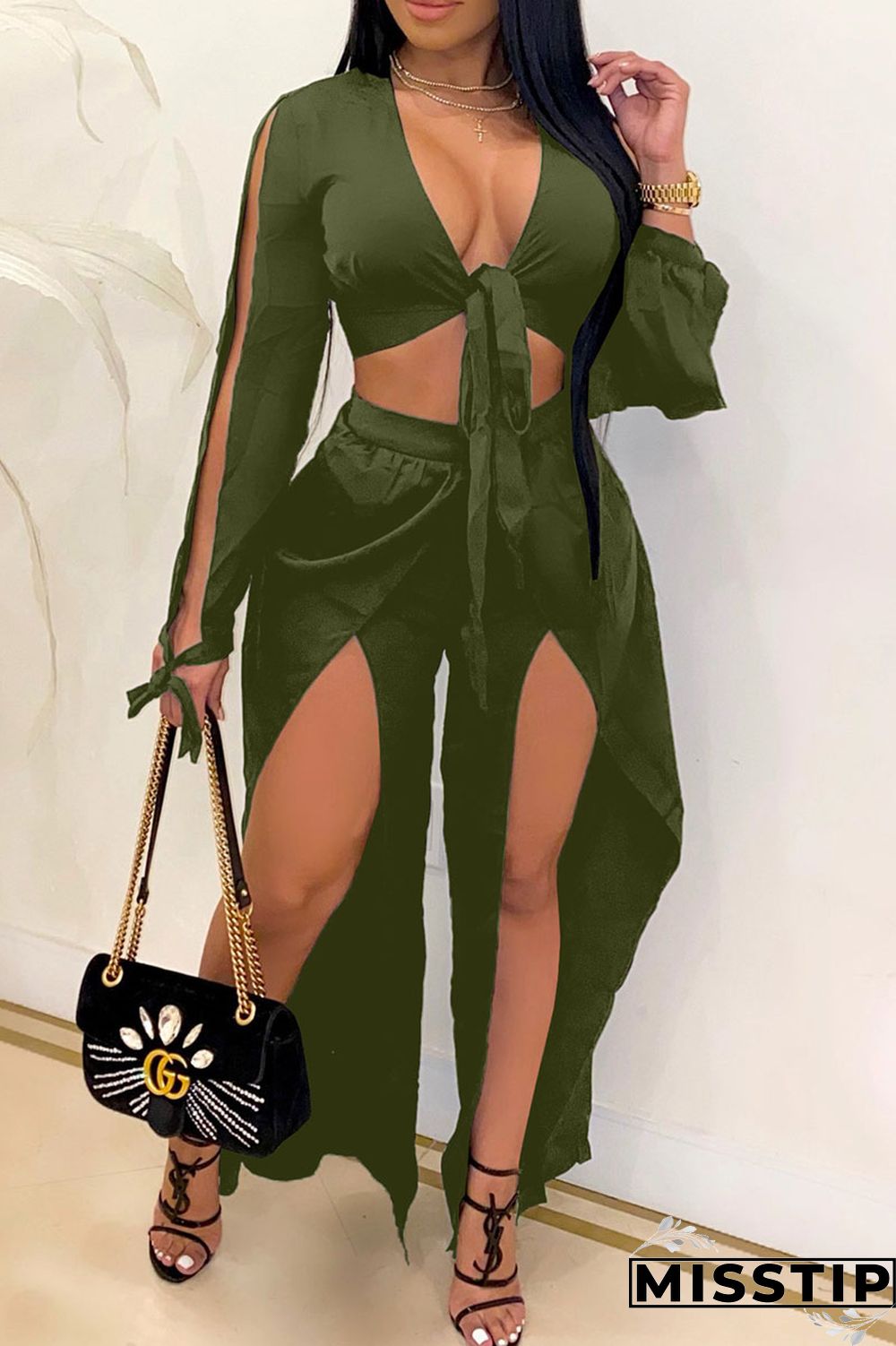 Olive Green Solid Bandage Patchwork Asymmetrical V Neck Long Sleeve Two Pieces