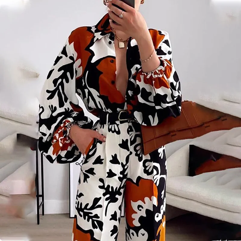 Brownm Brownm Spot 2024 Women's Fashion Print Long Sleeve Shirt Casual Pants Two Suits