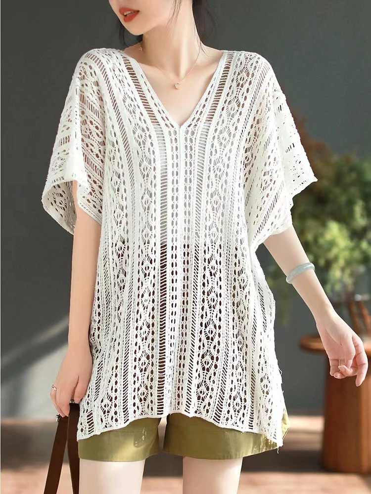 Thin Hollow Knit Short Sleeve Blouse - yankia