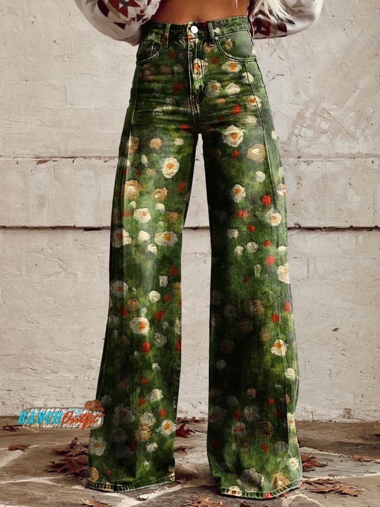 Women’s Green Flower Print Casual Wide Leg Pants Multicolor / Xs