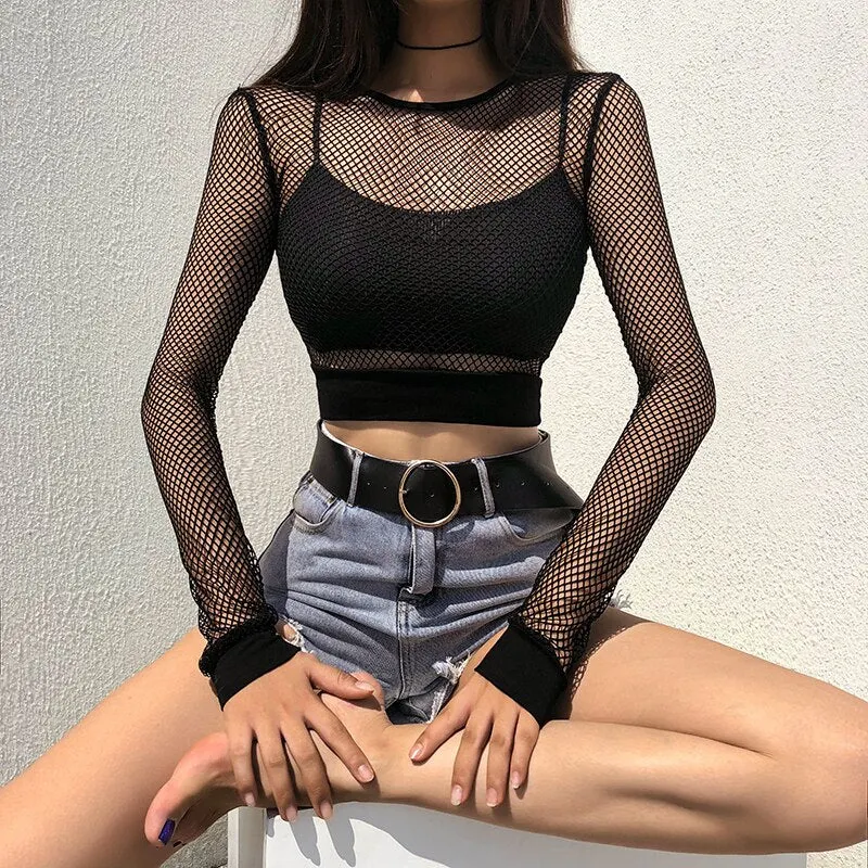 HEYounGIRL Sexy Mesh Crop Tops Tee Shirt Femme Hollow Out Black Tshirt Women See Trough Long Sleeve Streetwear Fishnet T Shirt