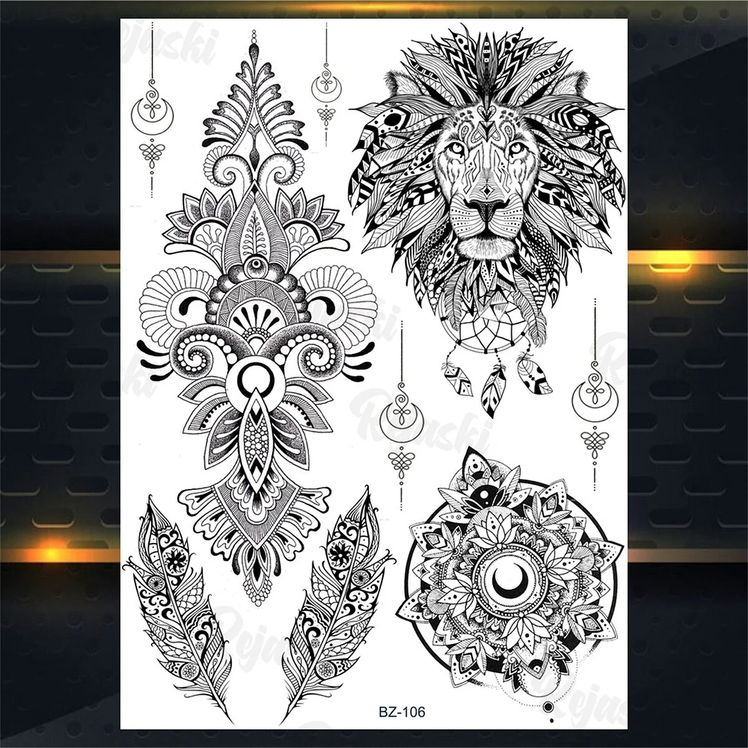 Sdrawing Elephant Pendant Temporary Tattoos For Women Men Lion Butterfly Snake Feather Fake Tattoo Sticker Glamour Back Body Tatoos
