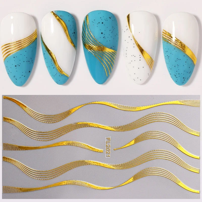 1PC Gold 3D Nail Stickers Nail Art Adhesive Decals Geometric Stripes Lines Wave Designs Sliders Decorations For Manicuring