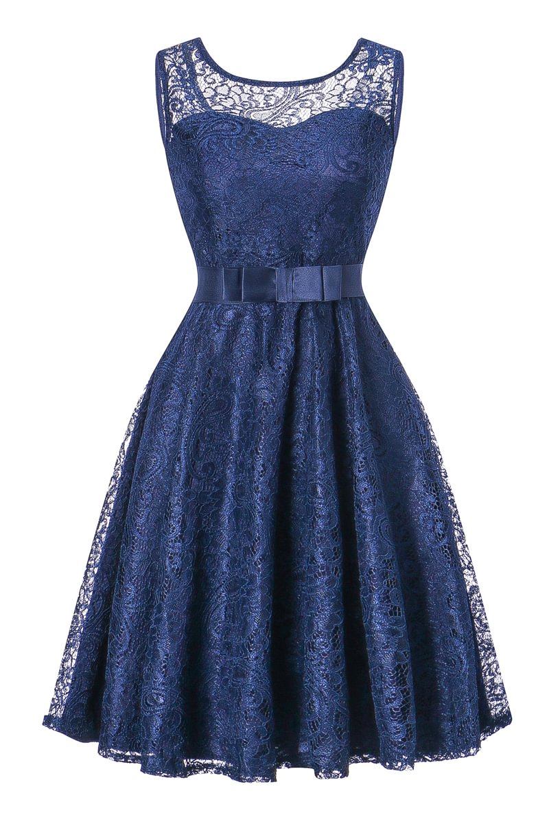 1950s Lace Solid Sleeveless Sash Belt Gowns Swing Midi Dresses