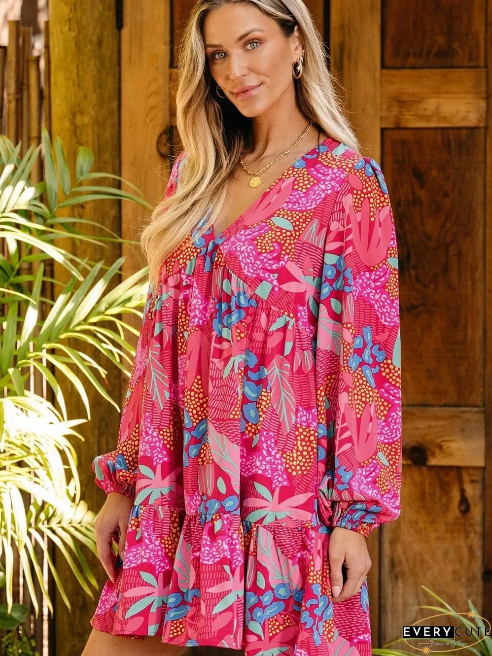 Rose Blossom V Neck Bubble Sleeve Ruffle Detail Mini Dress