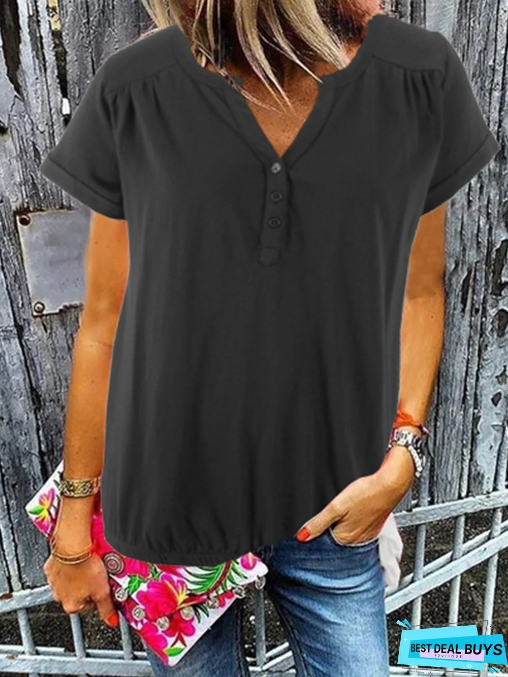 Casual Cotton-Blend Short Sleeve V Neck Tops