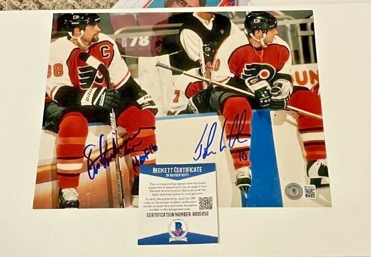 ERIC LINDROS-JOHN LECLAIR SIGNED PHILADELPHIA FLYERS 8X10 Photo Poster painting BECKETT CERT