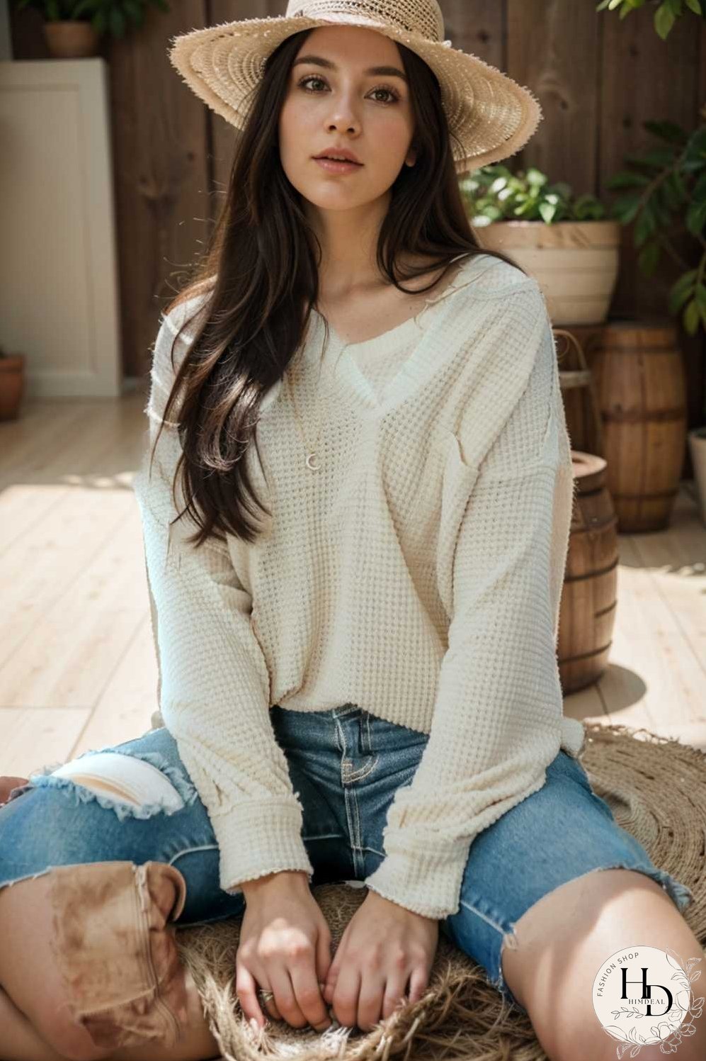 deep v neck long sleeve knitted sweater