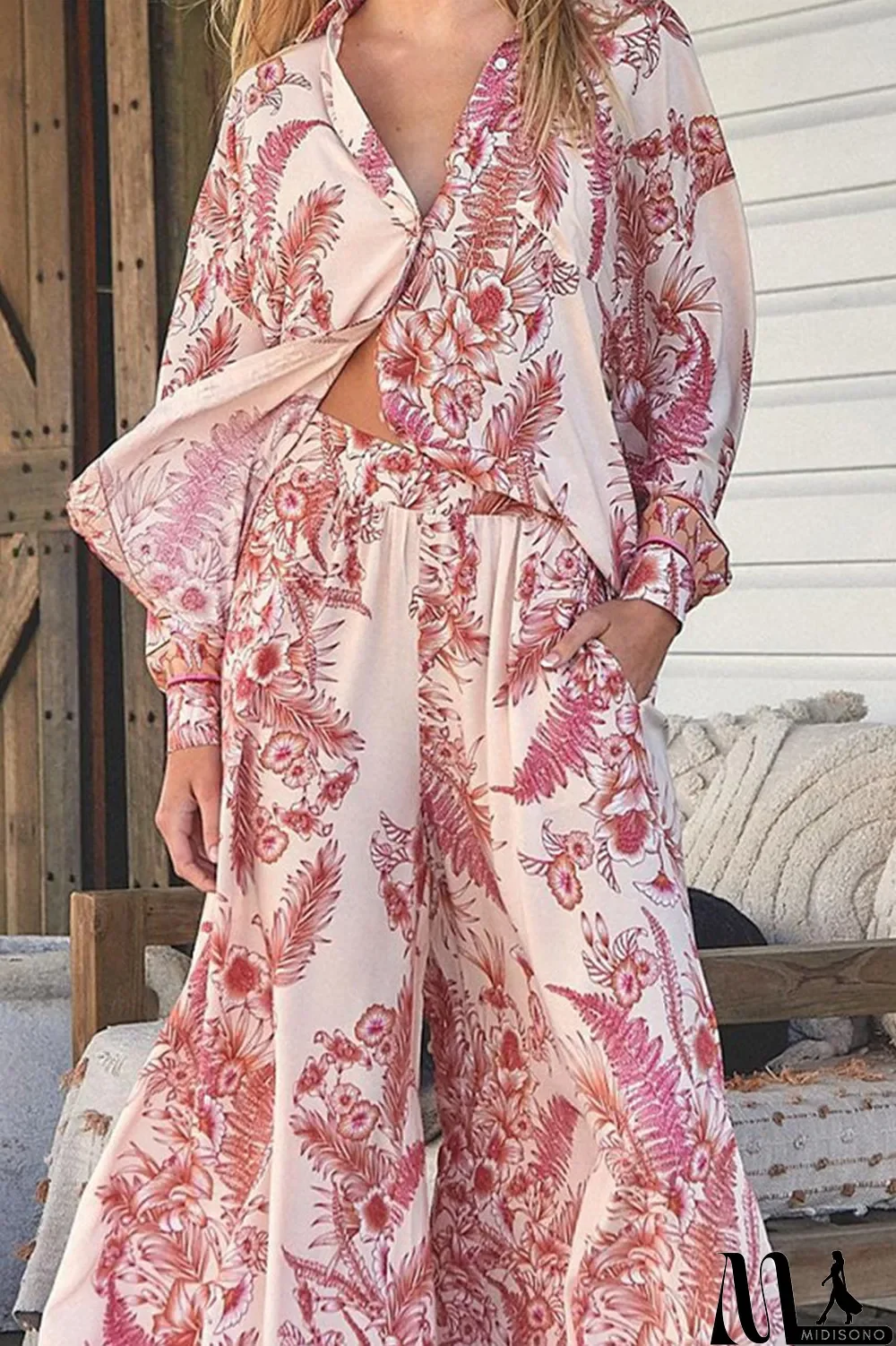 MidiSono - Casual Print Pocket Turndown Collar Long Sleeve Two Pieces