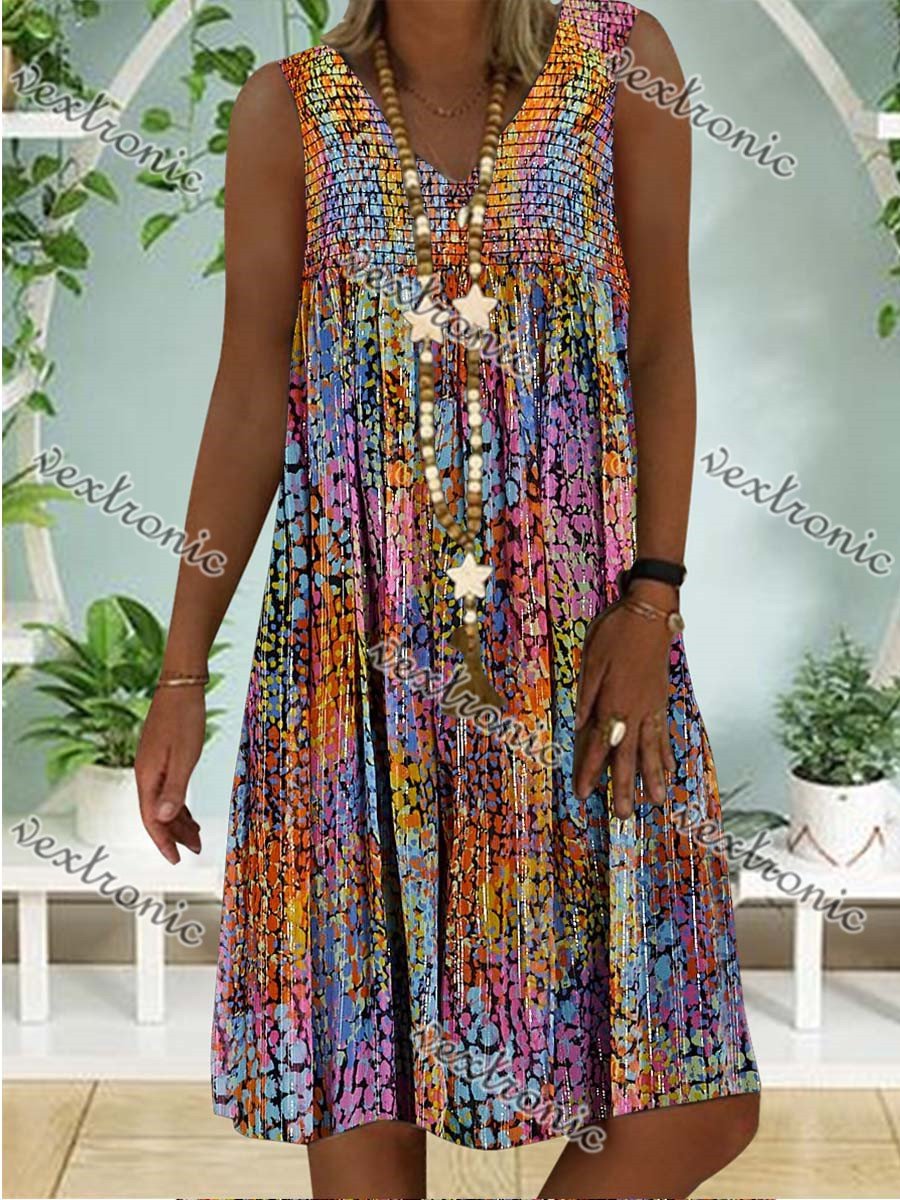 Women Colorful Sleeveless V-neck Printed Midi Dress