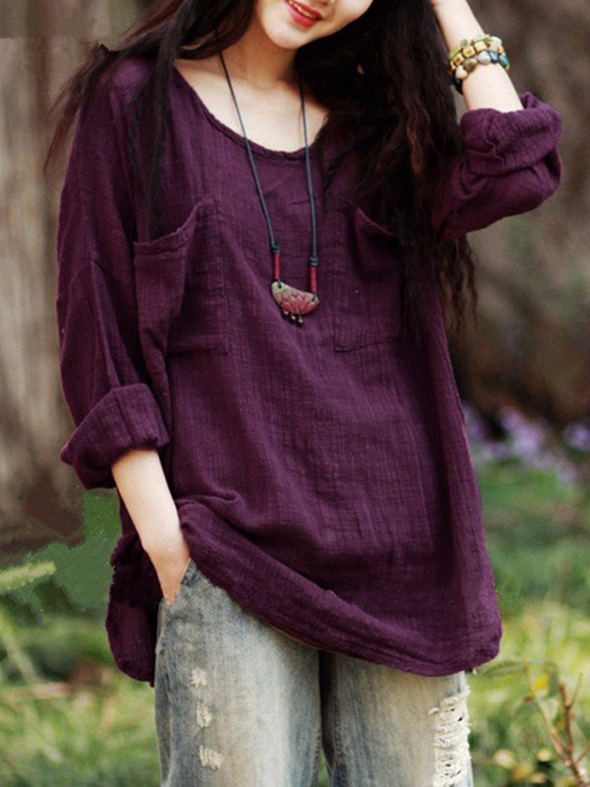 Long Sleeve Casual Pockets Crew Neck Linen Blouse