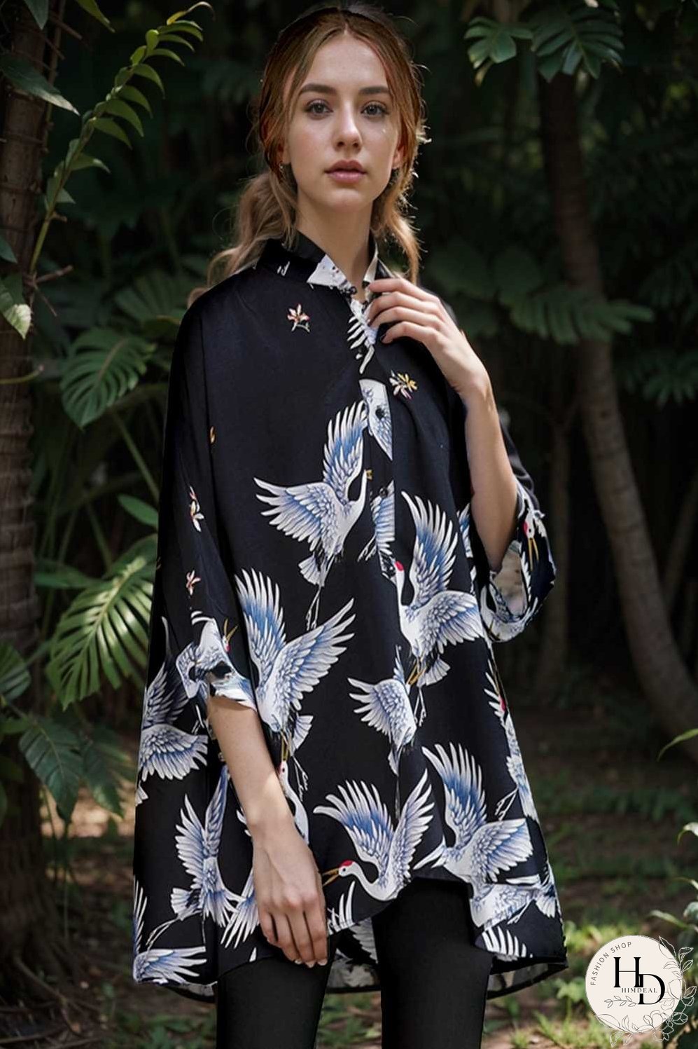 size curve blouses crane print loose oversized blouse