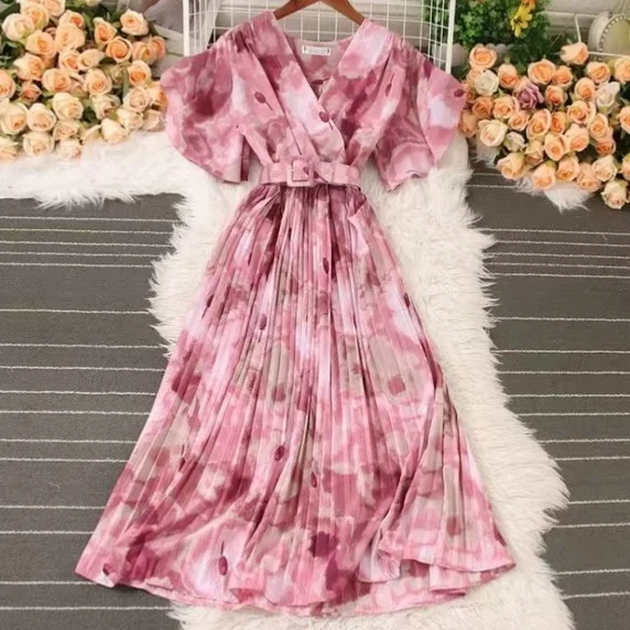 Athvotar Athvotar French Crumlom Dyed Summer New Waist Display Thin And Long Elegant Folded Chiffon Dress Holiday Woman