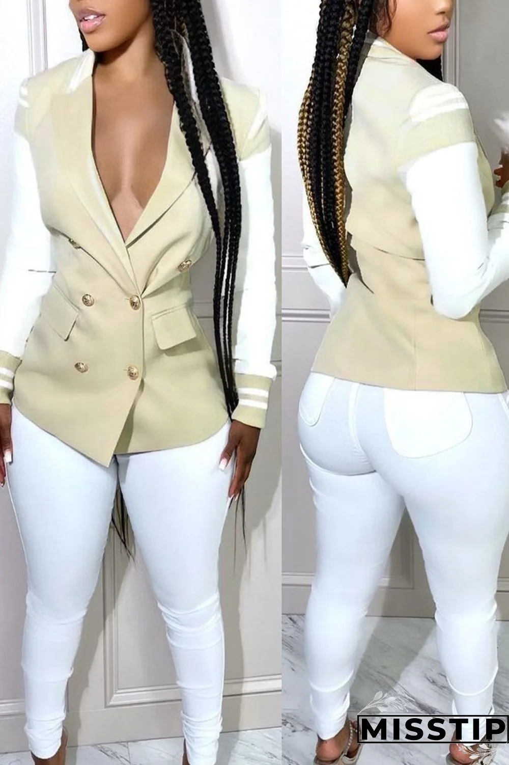 Khaki Casual Solid Patchwork Buttons Turn-back Collar Long Sleeve Two Pieces