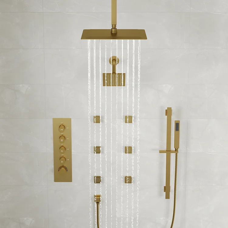 Thermostatic Rainfall Bathroom Shower System in Brushed Gold SFS