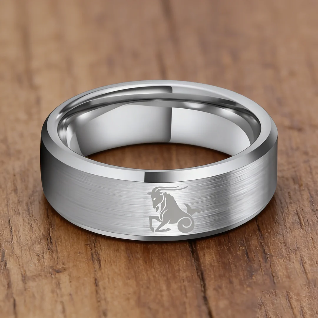Mens Womens Sliver Capricorn Tungsten Carbide Rings Sliver Edges and Laser Etched Wedding Bands Comfort Fit 4MM 6MM 8MM Width
