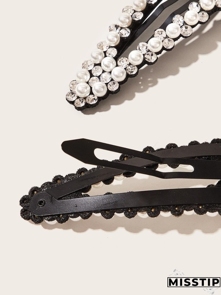 2pcs Rhinestone Decor Faux Pearl Hair Clip