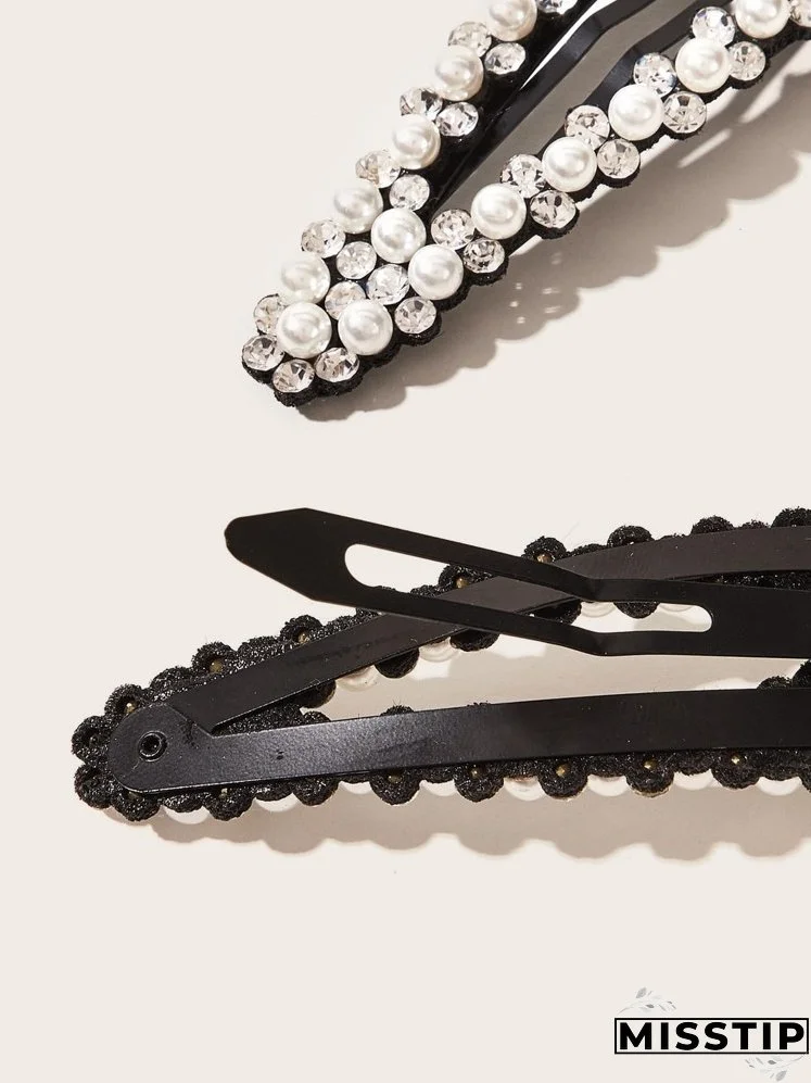 2pcs Rhinestone Decor Faux Pearl Hair Clip