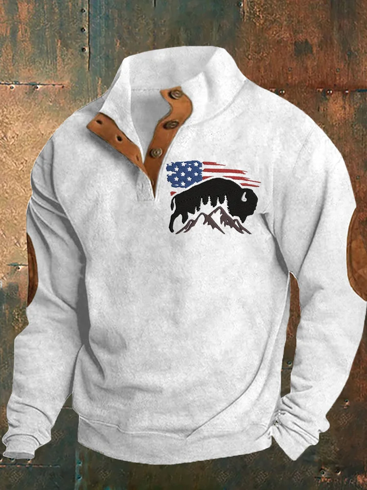 VChics Men's Usa Flag Bison Embroidered Vintage Cozy Sweatshirt