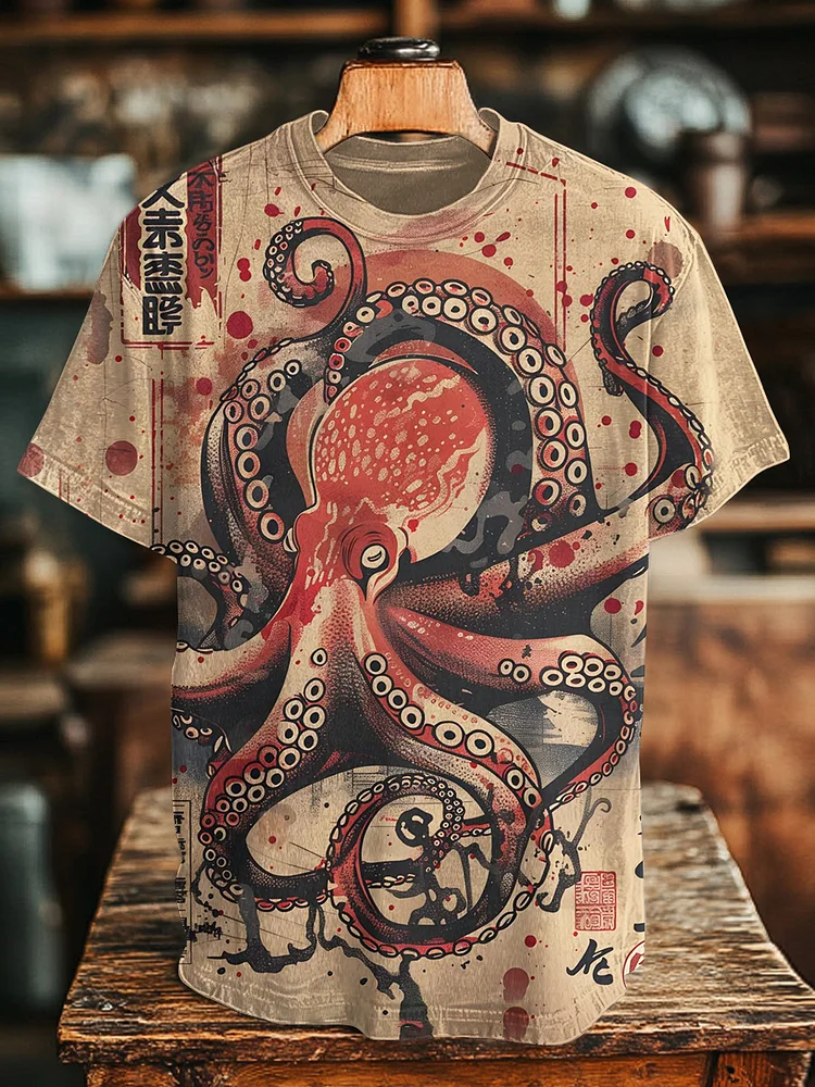Men's Retro Octopus Japanese Illustration Print Casual T-Shirt