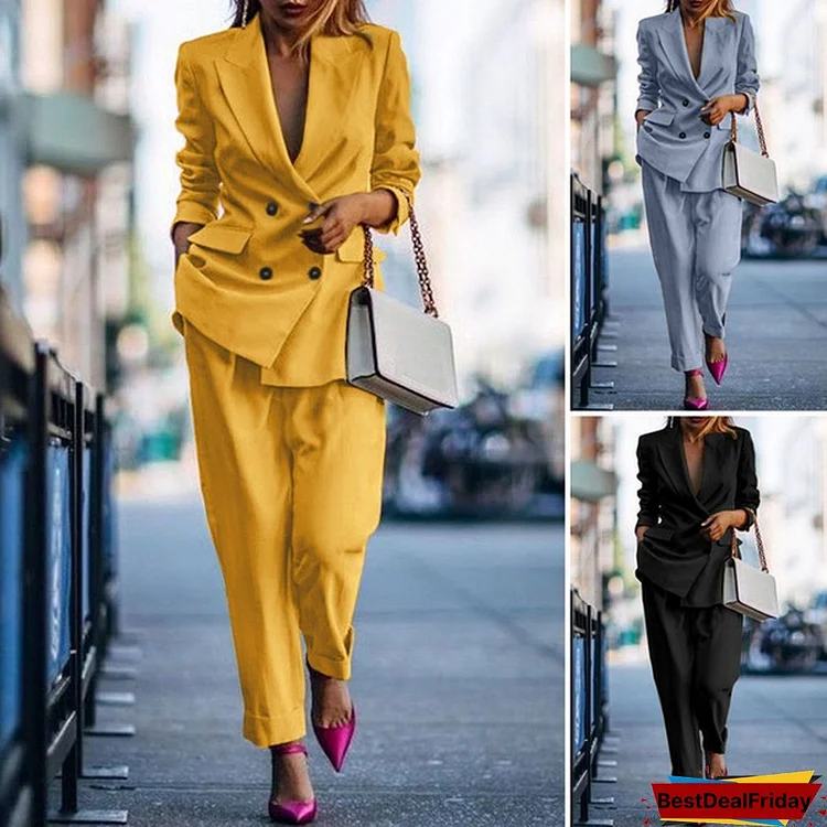 Women Elegant Party Full Sleeve Turn-Down-Collar Blazer Coat Elastic Waist Solid Color Suit Pants Plus Size Loose Autumn Streetwear Suits