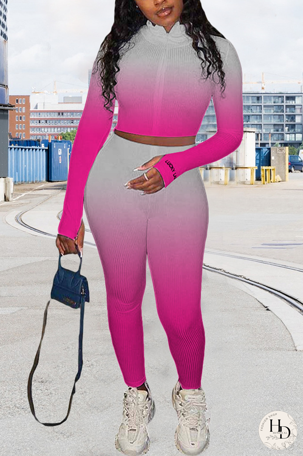 Rose Red Casual Print Letter Turndown Collar Long Sleeve Two Pieces