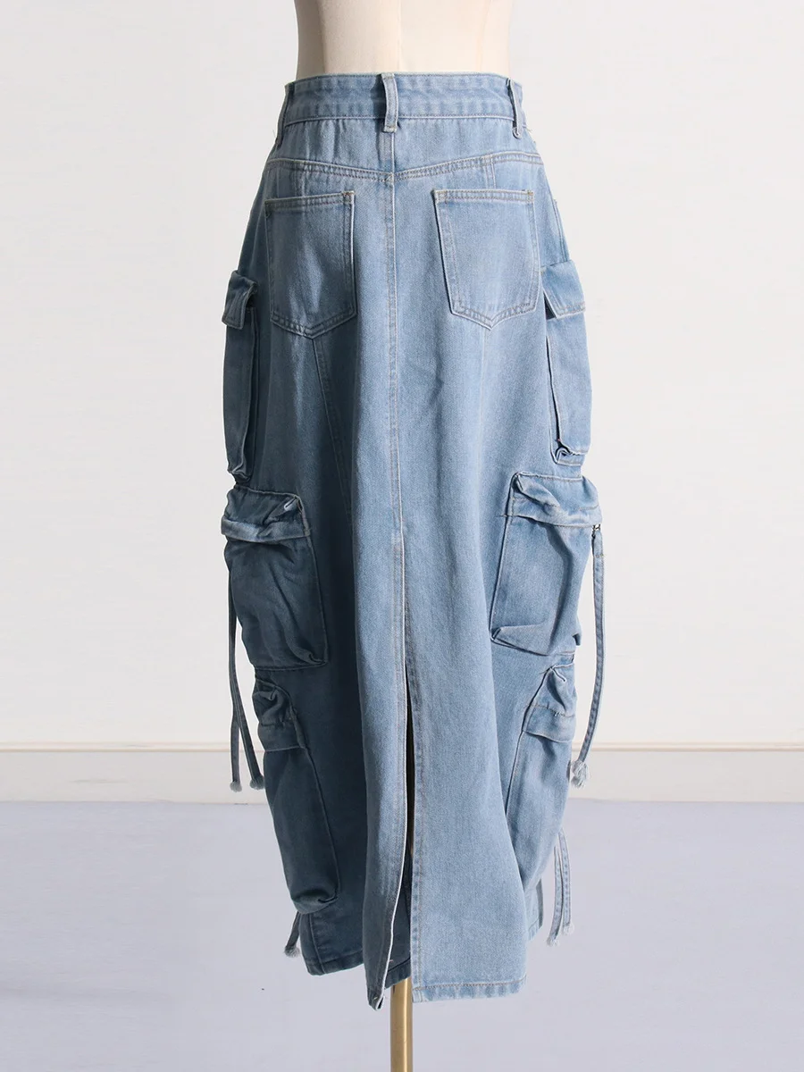 Toloer Toloer Feng Shui Wash Long Skirt Autumn 2024 New Multi-Pocket Decoration High Waist Show Skinny Denim Skirt Women-Outfit Ideas