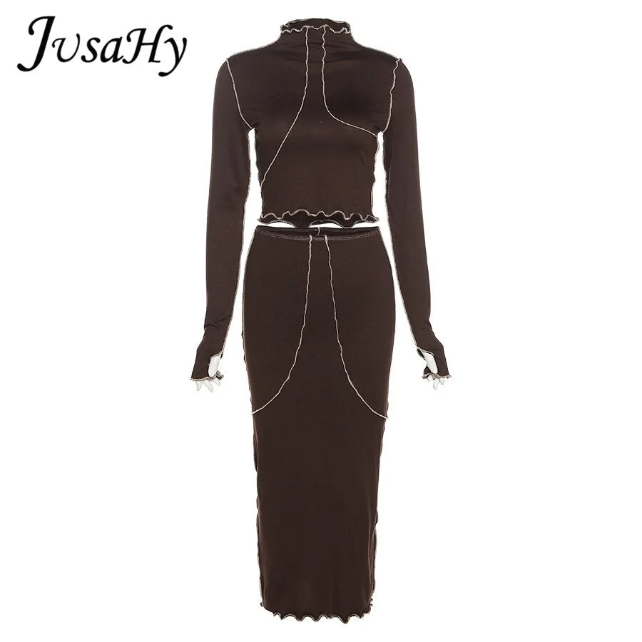 JuSaHy Autunn Elegant Solid Two Pieces Sets for Women Turtleneck Long Sleeves Crop Top+ High Waist Maxi Skirt Matching Outfits
