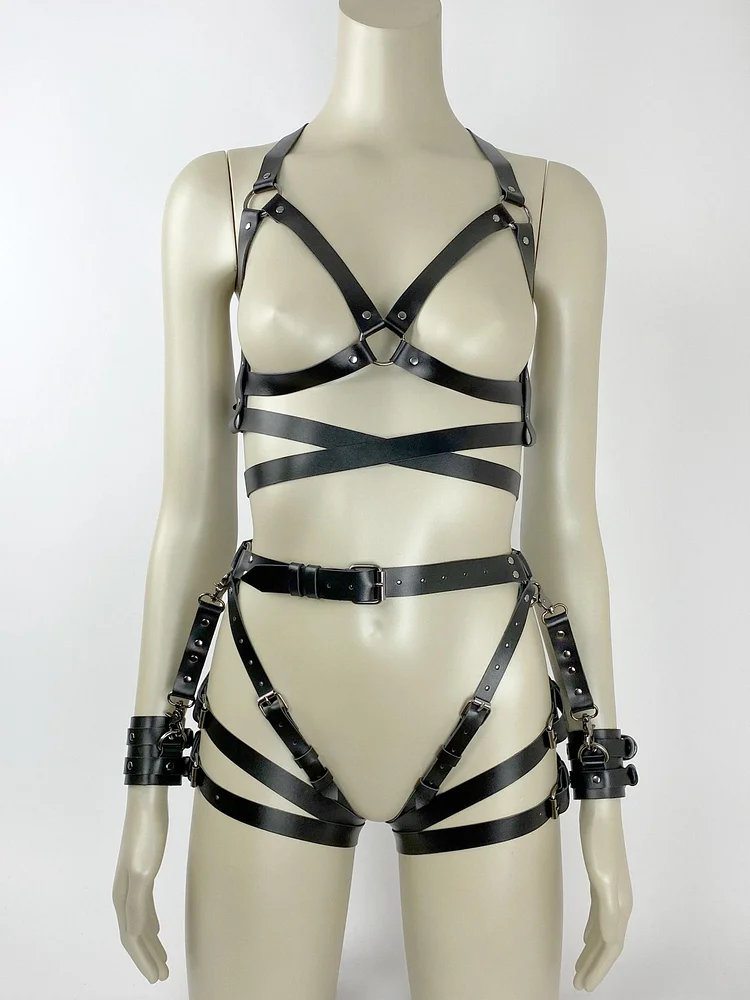 pornhint Pornhint Leather Bondage set, Leather BDSM Harnesses for Women, Open Bra Harness, Butt Harness, Yellow Garters, Rave Costume, Yellow Leather Lingerie leather harness women