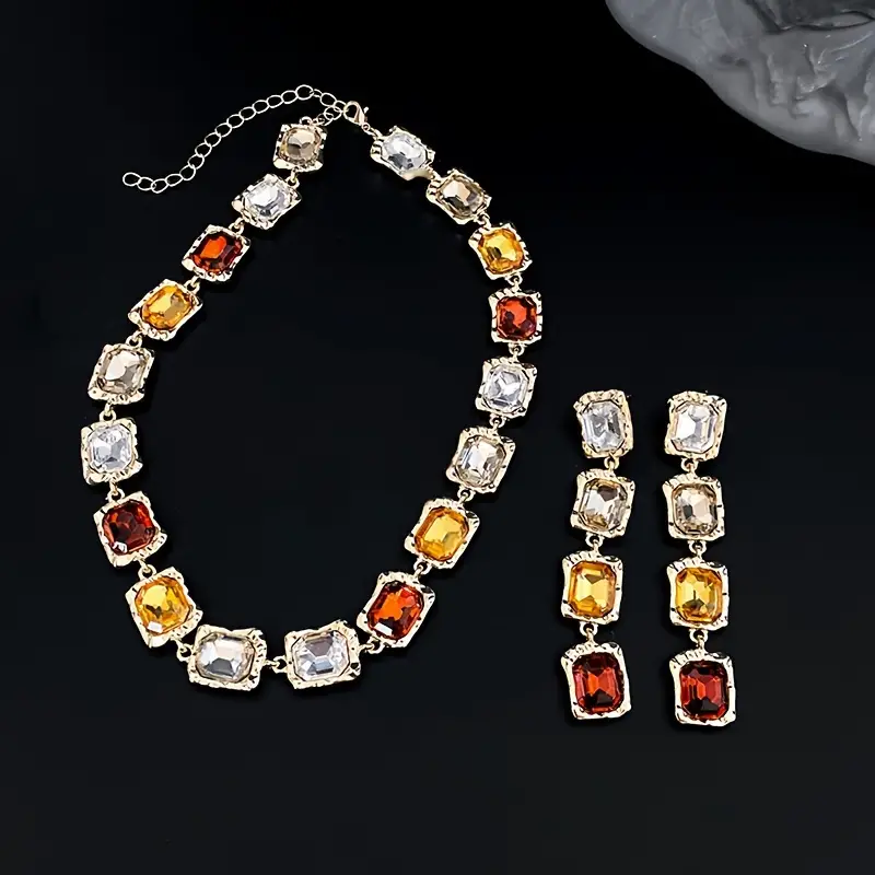 wedding banquet style jewelry set square rhinestone tassel stud earrings necklace set suitable for women details 5