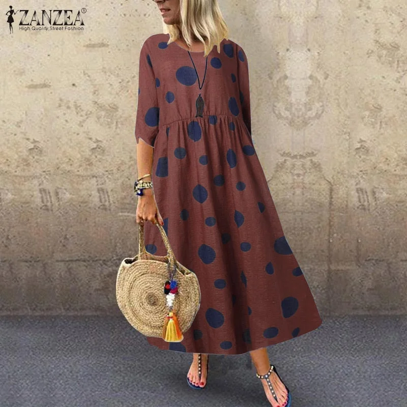 Autumn Summer Dress Women Vintage Vestidos ZANZEA 2022 Pleated Printed Long Maxi Dresses Tunic Party Femme 3/4 Sleeve