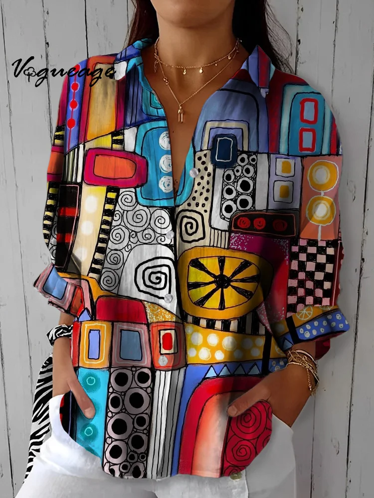 Creative Patterns Printed Three-Quarter Sleeves Cotton And Linen Shirt