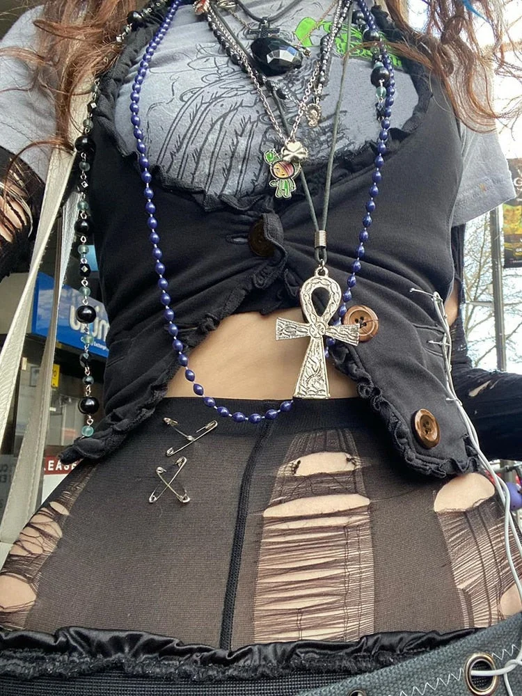 Rapcopter Y2K Button Knitted Corset Top Vintage Black Frill Cute Crop Top Backless Sleeveless Mini Vest Women Harajuku Tank Tops