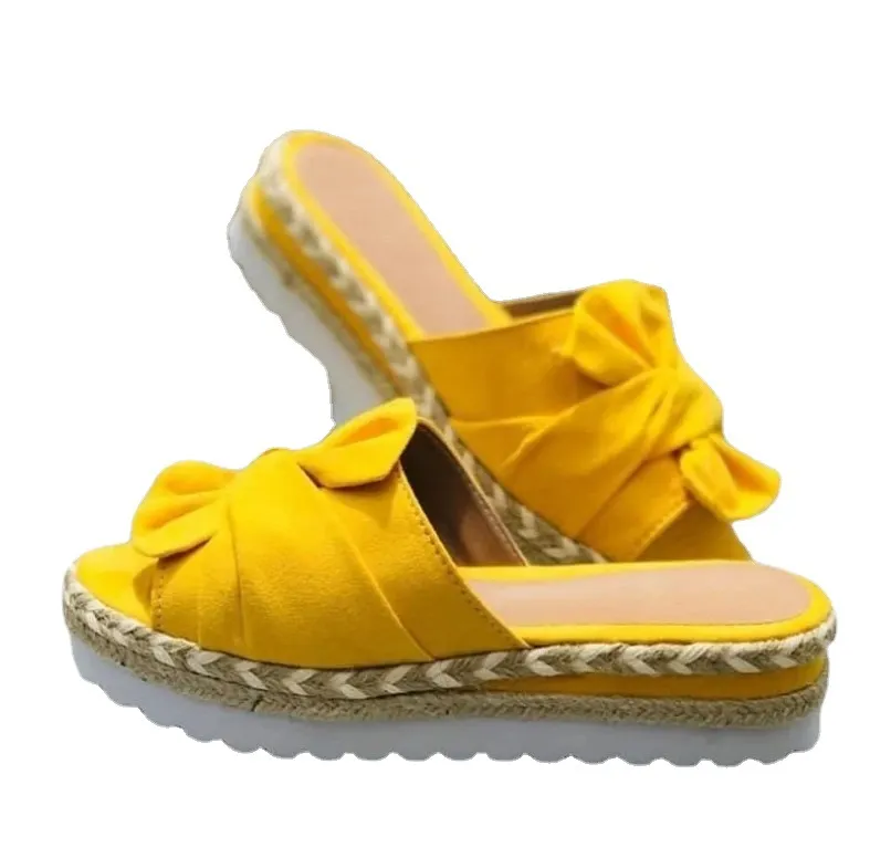Breakj Breakj New Bow One Word Thick Bottom Slope And Hemp Rope Large Size Women Sandals Quality Assurance
