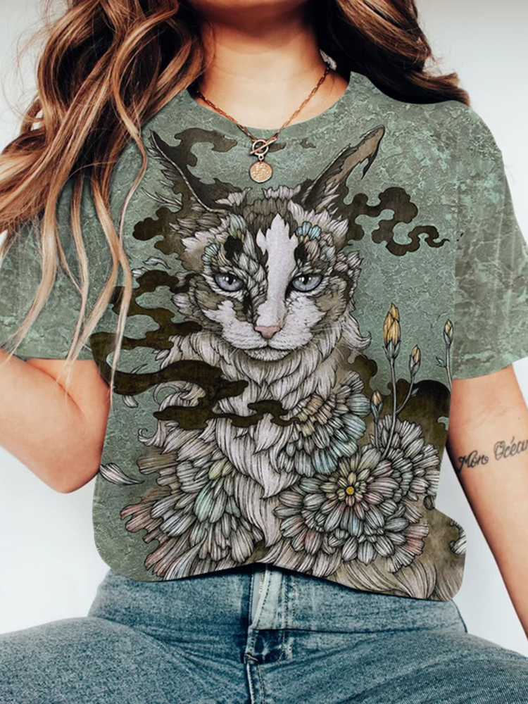 Comstylish Vintage Japanese Art Cat Print Round Neck Casual T-Shirt