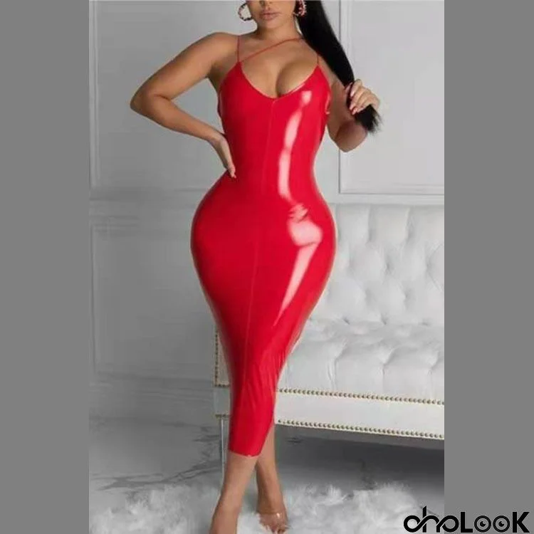 Women Fashion Sexy Plus Size Skinny Strap PU Dress