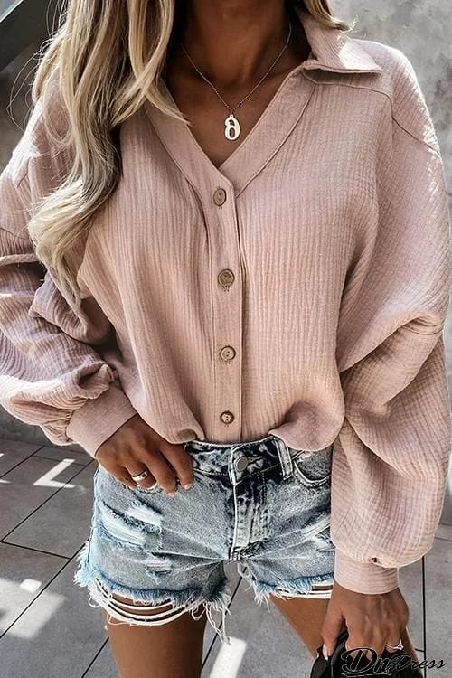 Solid Button Puff Long Sleeve Shirt