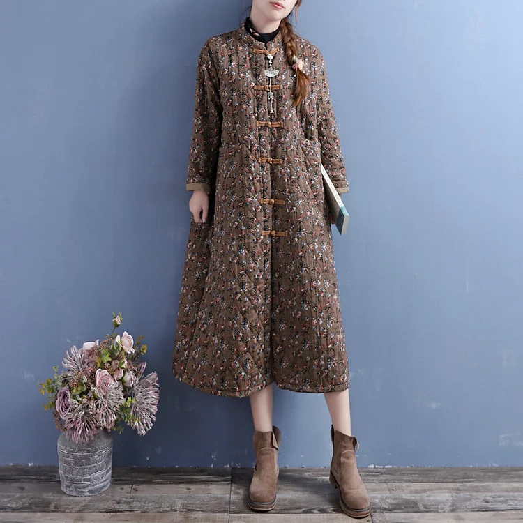 Winter Retro Floral Quilted Cotton Linen Dress