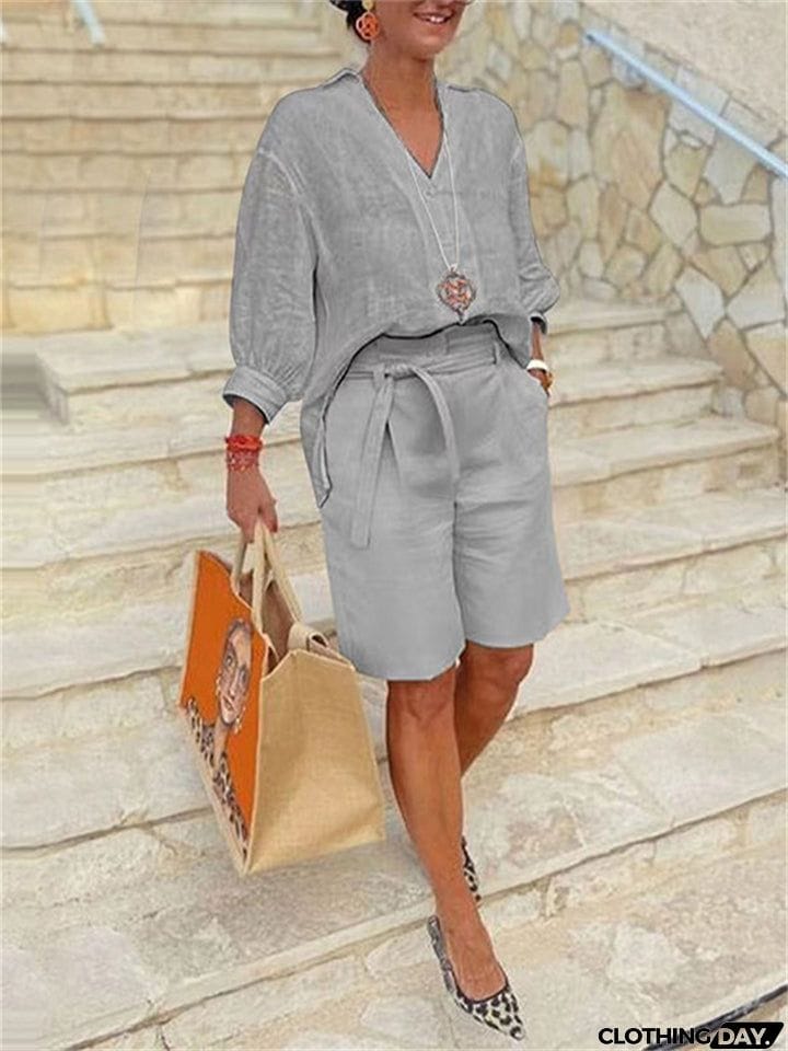Women's Fashion Casual V Neck Pullover Shirt + Loose Shorts