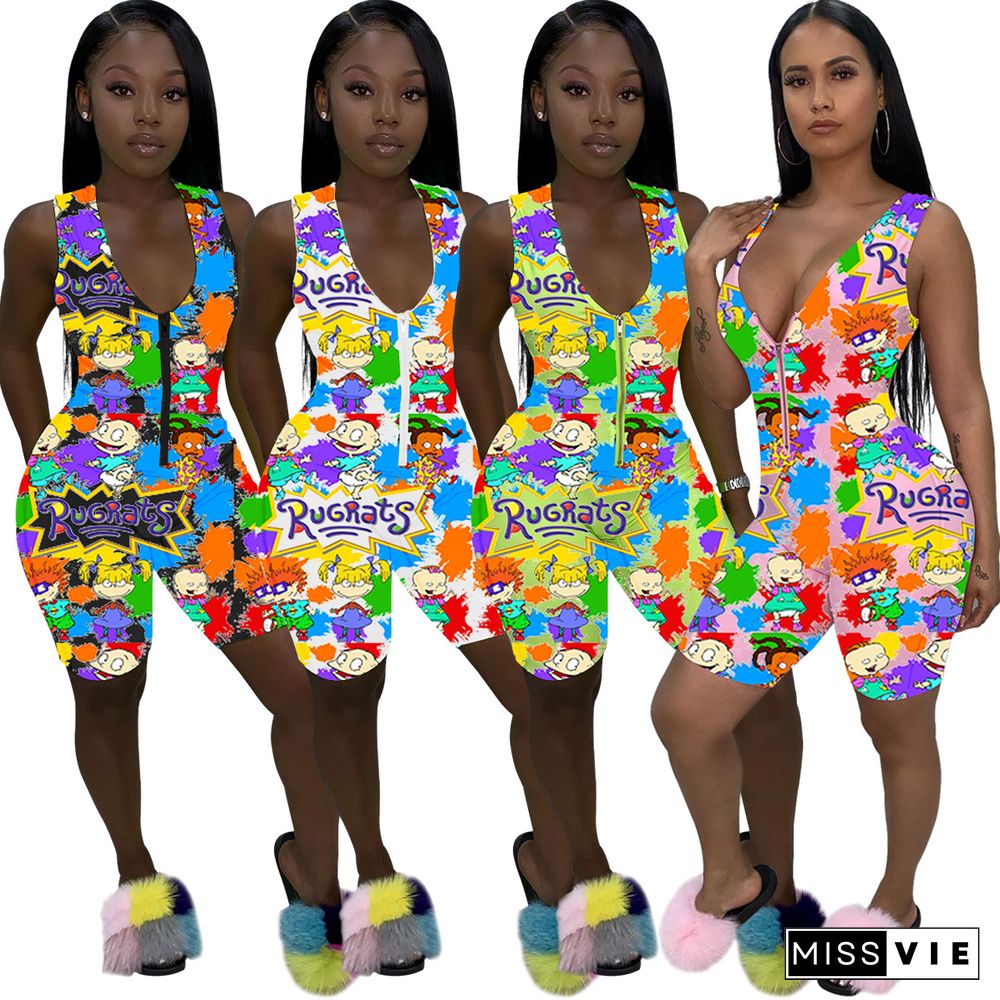 Sports Zipper Sleeveless Cartoon Print Rompers