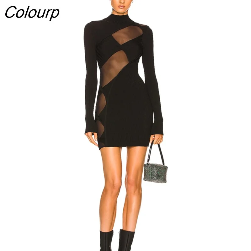Colourp New Autumn Style Women Long Sleeve Sexy Black Mesh Hollow Out Bodycon Mini Dress Rayon Bandage Evening Party Dress