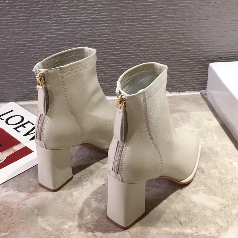  Luxury Brand Women Beige 7Cm Block High Heels Ankle Boots 2022 Winter Female Square Toe Chelsea Boots High Quality Short Boots