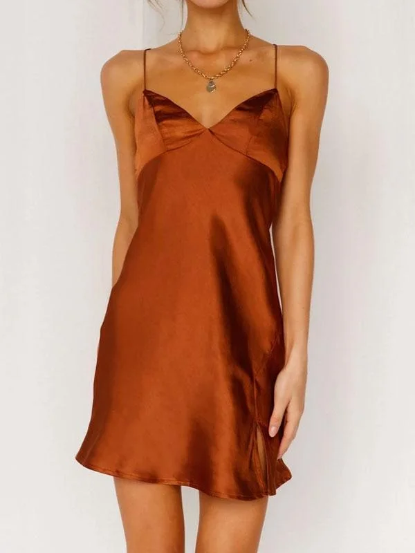 Thin straps satin dress in brown