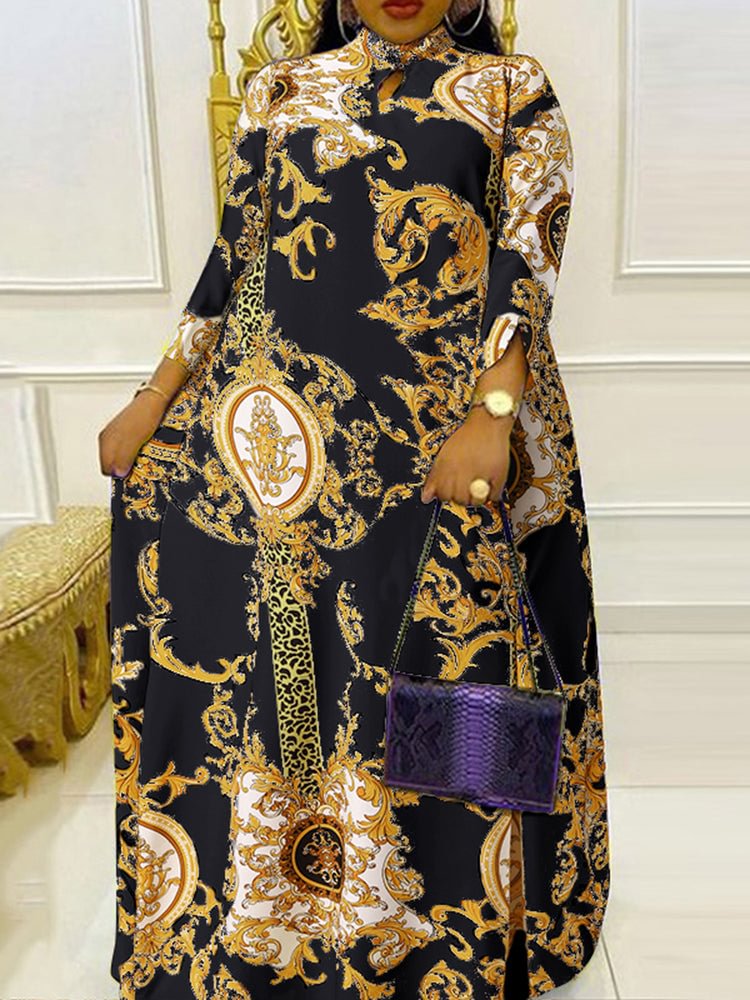 Print Stand Collar Split Maxi Dress SKUJ38062 QueenFunky