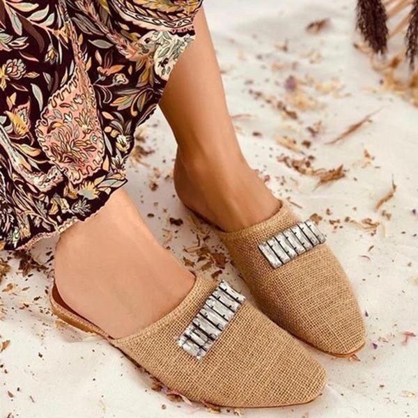 Chloebuy Rhinestone Square Toe Shoes Flat Slippers