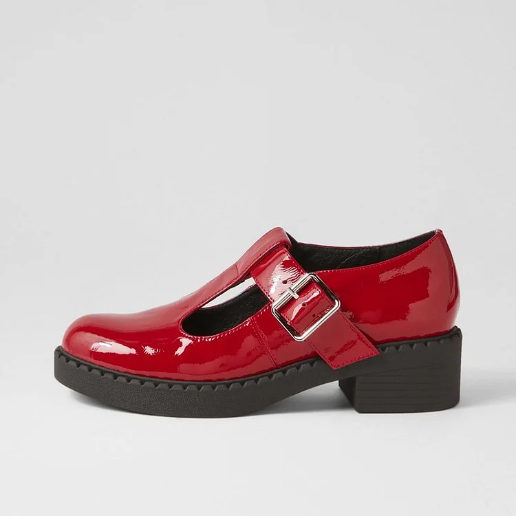 FSJ Red Patent Leather Round Toe T Strap Platform Mary Janes |FSJ Shoes