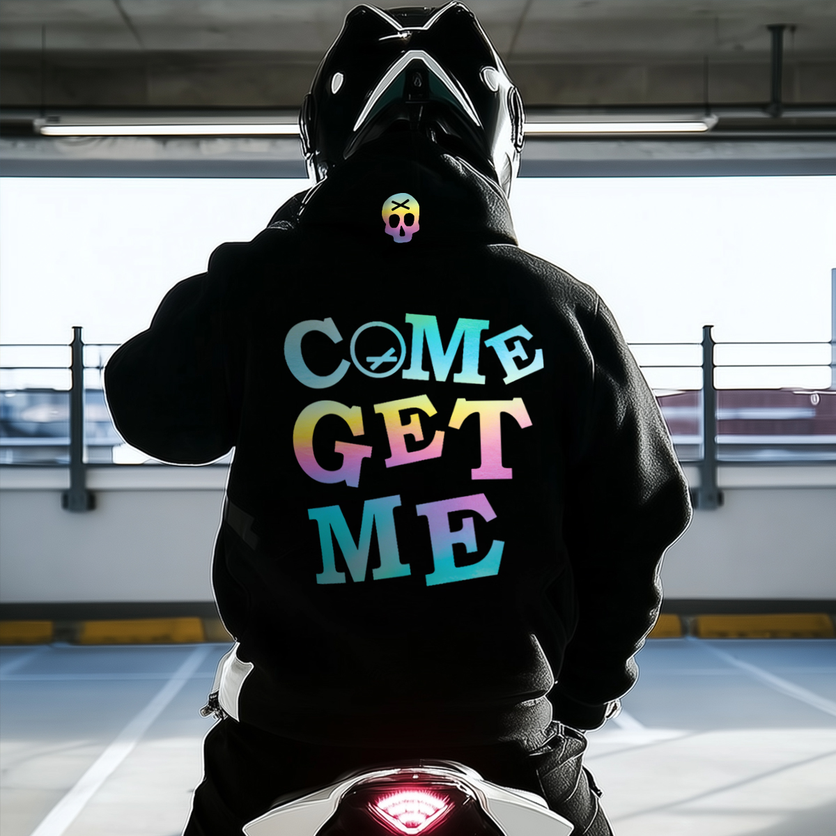 Reflective Laser Come Get Me Graphic Motorcycle Street Style Hoodie