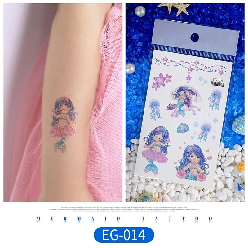 12 kinds Glitter Powder Temporary Tattoo Cartoon Mermaid Ocean Stickers tatouage temporaire Disposable Party Makeup