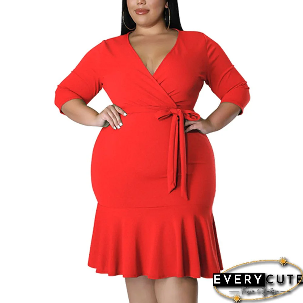 Red V Neck Waist Tie Ruffle Hem Plus Size Dress